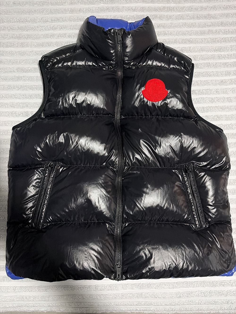Moncler Black Shiny Puffer Vest with Red Logo